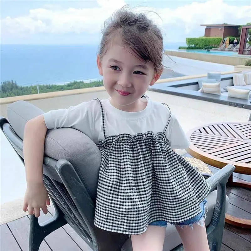 【90-150】レイヤード風 チェック柄 切り替え 半袖 夏 子供服 キッズ トドラー 女の子 トップス Tシャツ
