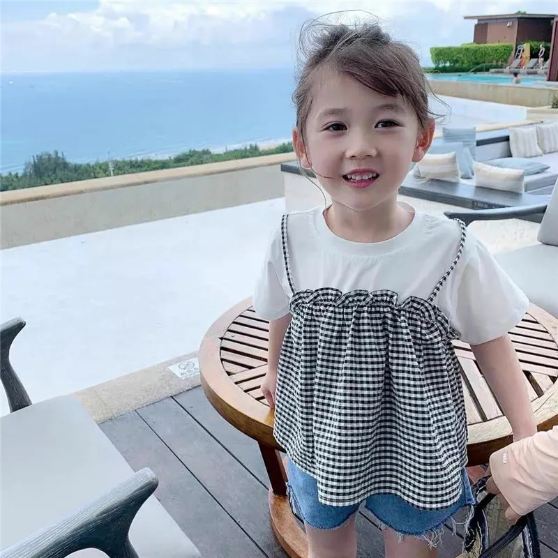 【90-150】レイヤード風 チェック柄 切り替え 半袖 夏 子供服 キッズ トドラー 女の子 トップス Tシャツ