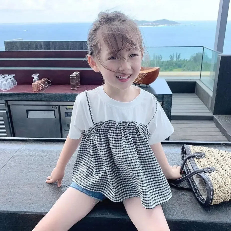 【90-150】レイヤード風 チェック柄 切り替え 半袖 夏 子供服 キッズ トドラー 女の子 トップス Tシャツ