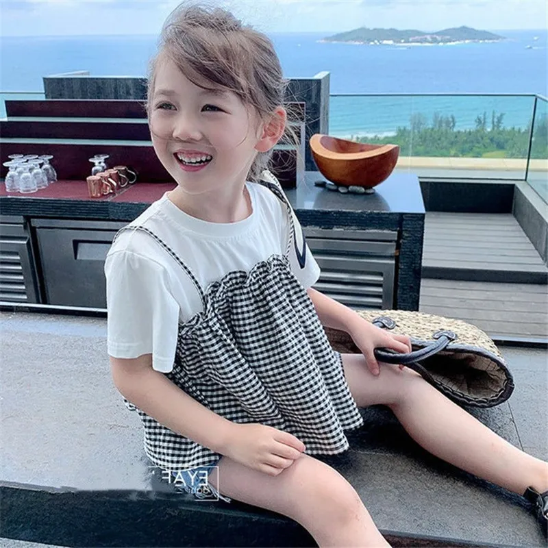 【90-150】レイヤード風 チェック柄 切り替え 半袖 夏 子供服 キッズ トドラー 女の子 トップス Tシャツ