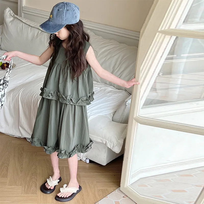 【120-170cm】気質アップ 無地 夏 キュート 清新 女の子 ギャザー ノースリーブ セットアップ