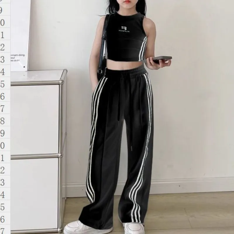 【120-170】単品注文可 ヒップホップ ダンス 練習服 ストライプ柄 タンクトップ✛ワイドパンツ 夏 子供服 キッズ ジュニア 女の子 セットアップ