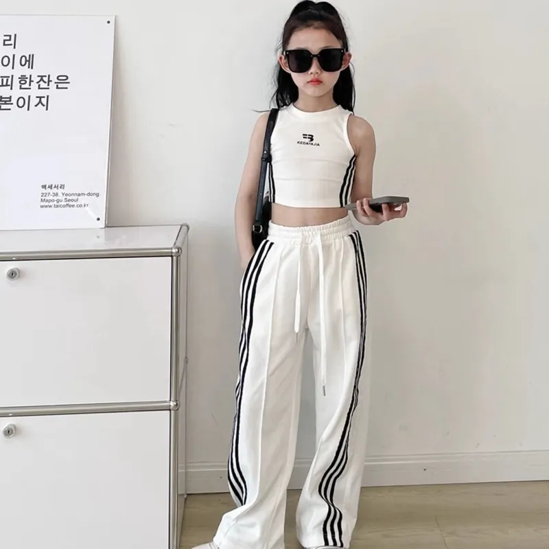 【120-170】単品注文可 ヒップホップ ダンス 練習服 ストライプ柄 タンクトップ✛ワイドパンツ 夏 子供服 キッズ ジュニア 女の子 セットアップ