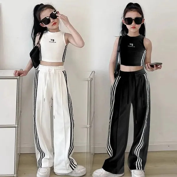 【120-170】単品注文可 ヒップホップ ダンス 練習服 ストライプ柄 タンクトップ✛ワイドパンツ 夏 子供服 キッズ ジュニア 女の子 セットアップ