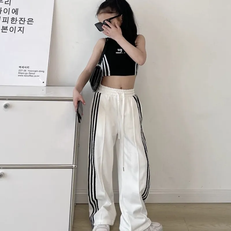 【120-170】単品注文可 ヒップホップ ダンス 練習服 ストライプ柄 タンクトップ✛ワイドパンツ 夏 子供服 キッズ ジュニア 女の子 セットアップ