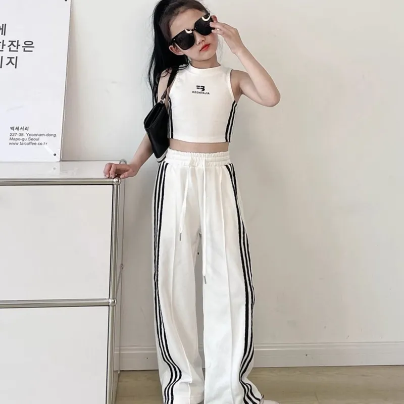 【120-170】単品注文可 ヒップホップ ダンス 練習服 ストライプ柄 タンクトップ✛ワイドパンツ 夏 子供服 キッズ ジュニア 女の子 セットアップ