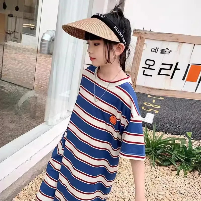 【120-160】 オシャレ 配色 ボーダー 笑顔柄 ストレート 半袖 夏 子供服 キッズ ジュニア 女の子 ワンピース