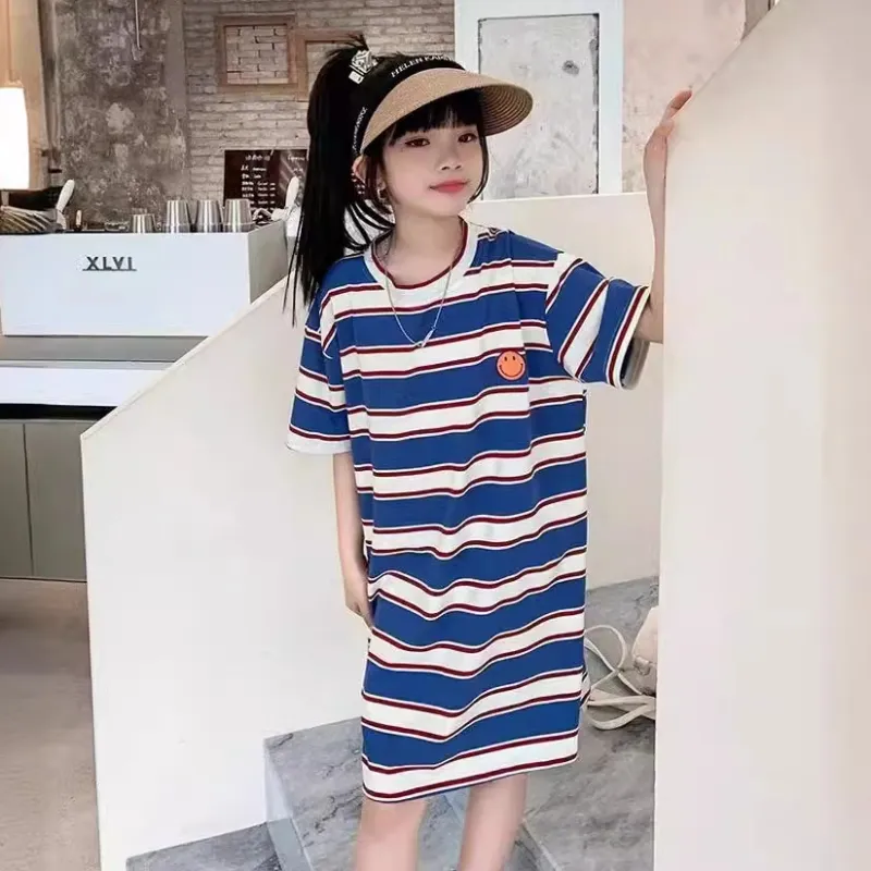 【120-160】 オシャレ 配色 ボーダー 笑顔柄 ストレート 半袖 夏 子供服 キッズ ジュニア 女の子 ワンピース