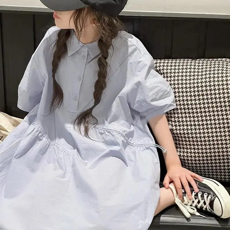 【110-170 cm】学園風 清新 無地 POLOネック ゆったり 半袖 夏 子供服 キッズ ジュニア 女の子 シャツワンピース