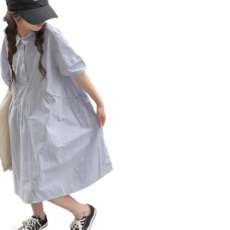 【110-170 cm】学園風 清新 無地 POLOネック ゆったり 半袖 夏 子供服 キッズ ジュニア 女の子 シャツワンピース