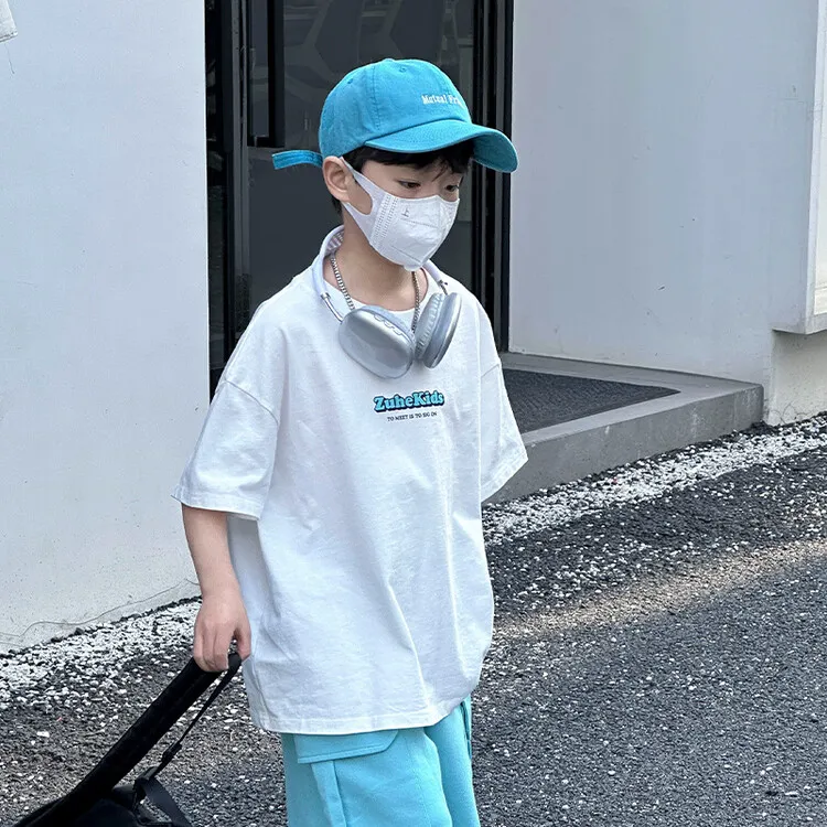 【120-160cm】2色選べる韓国 前後プリント アルファベット  夏 子供服 男の子 トップス