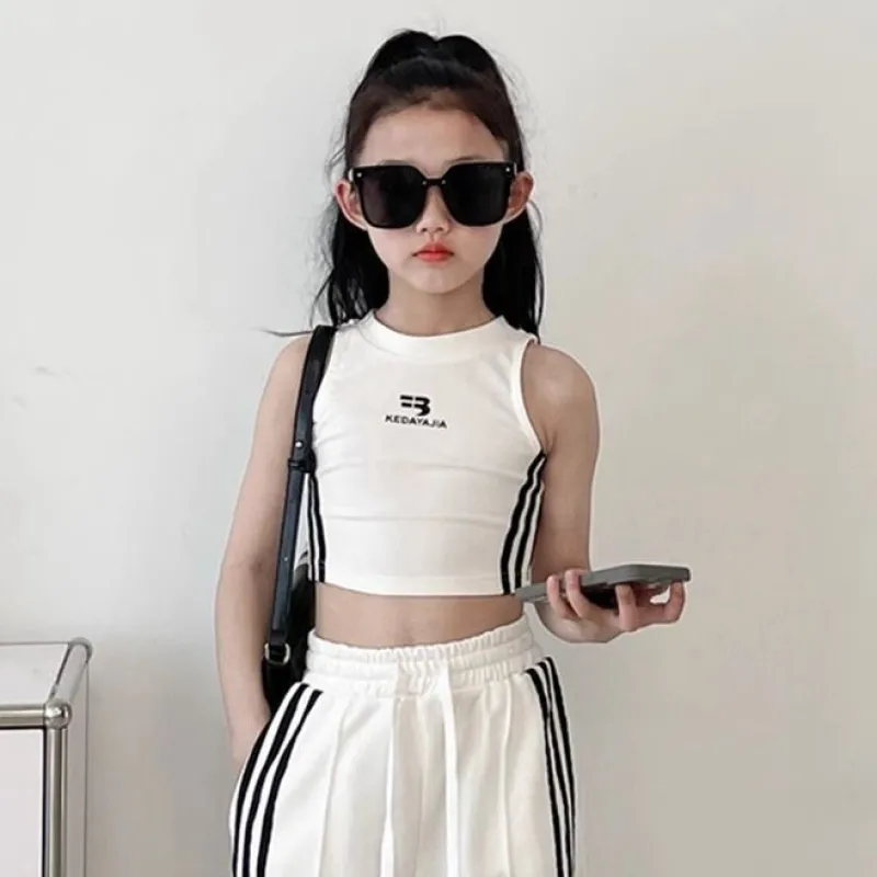 【120-170】単品注文可 ヒップホップ ダンス 練習服 ストライプ柄 タンクトップ✛ワイドパンツ 夏 子供服 キッズ ジュニア 女の子 セットアップ