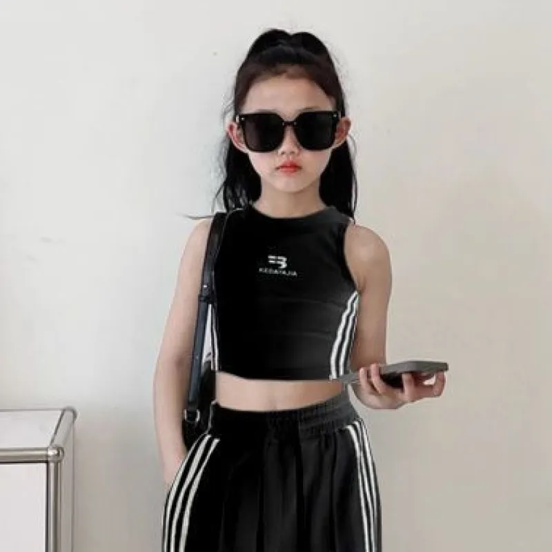 【120-170】単品注文可 ヒップホップ ダンス 練習服 ストライプ柄 タンクトップ✛ワイドパンツ 夏 子供服 キッズ ジュニア 女の子 セットアップ