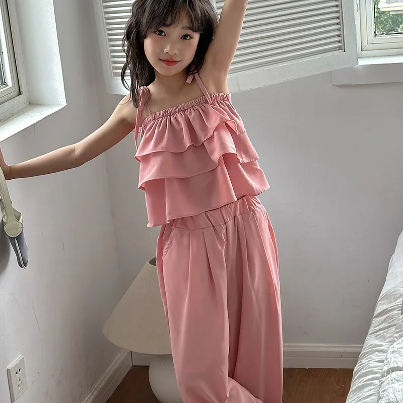 【120-170cm】2色選べるスウィート 無地  キャミソール✛ワイドパンツ 夏 女の子 セットアップ