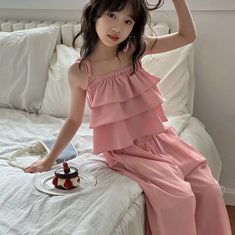 【120-170cm】2色選べるスウィート 無地  キャミソール✛ワイドパンツ 夏 女の子 セットアップ