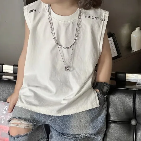 【90-150cm】Basic日常簡約 ファッション カジュアル アルファベット ノースリーブ 男の子 トップス