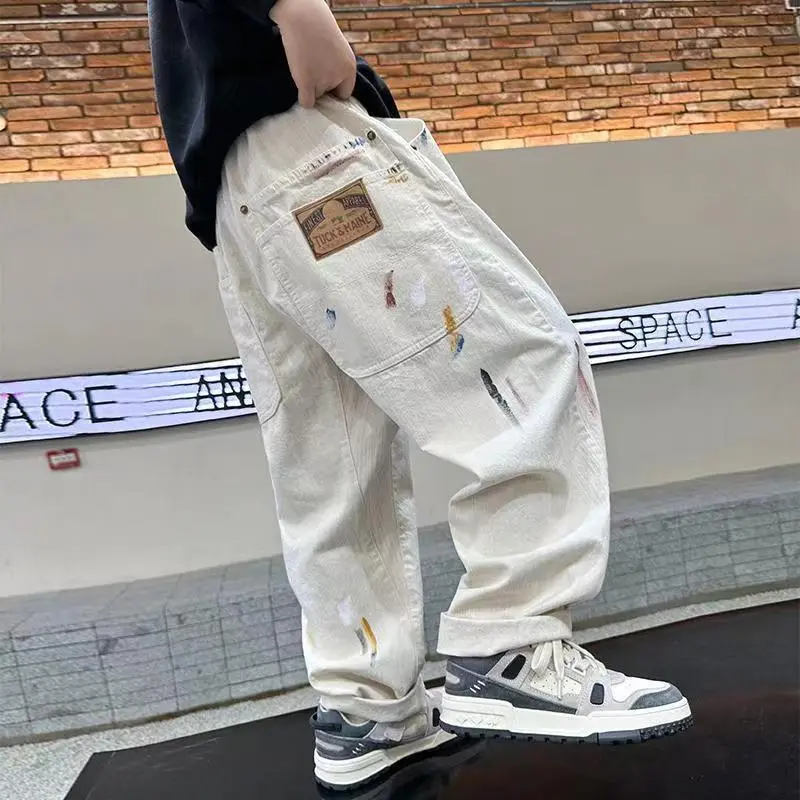 【110-160cm】着回し力抜群 ファッション カジュアル 配色 落書き キッズ 男の子 デニム パンツ ボトムス