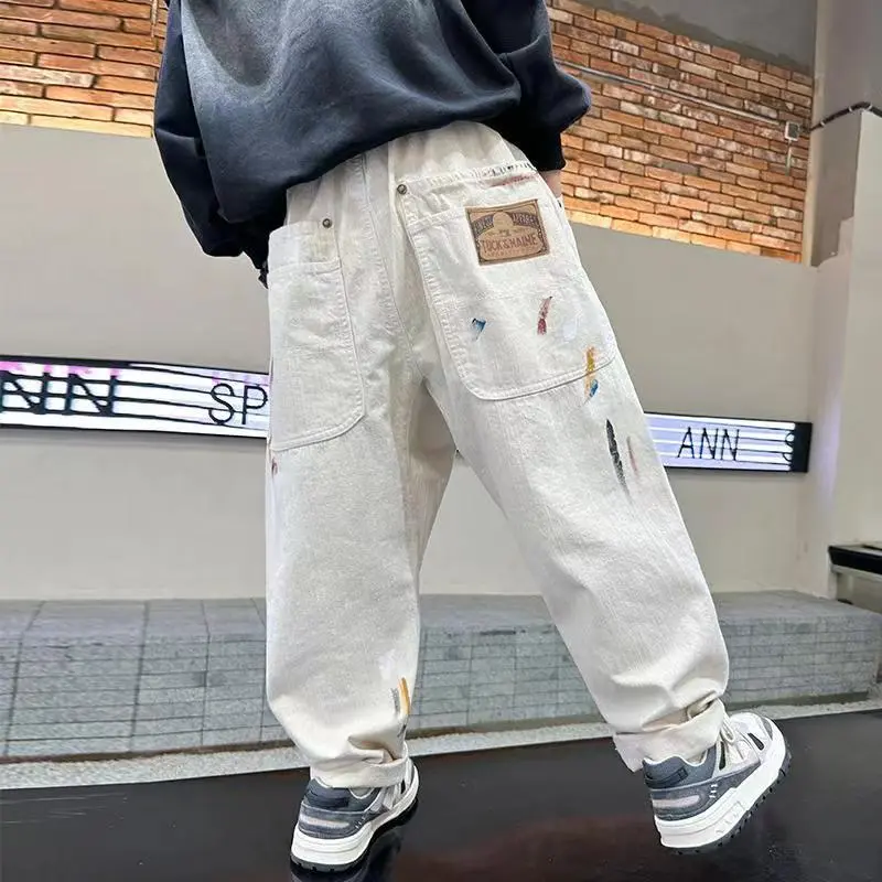 【110-160cm】着回し力抜群 ファッション カジュアル 配色 落書き キッズ 男の子 デニム パンツ ボトムス