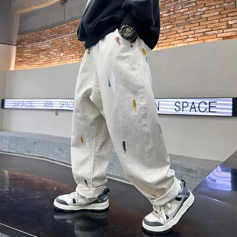 【110-160cm】着回し力抜群 ファッション カジュアル 配色 落書き キッズ 男の子 デニム パンツ ボトムス