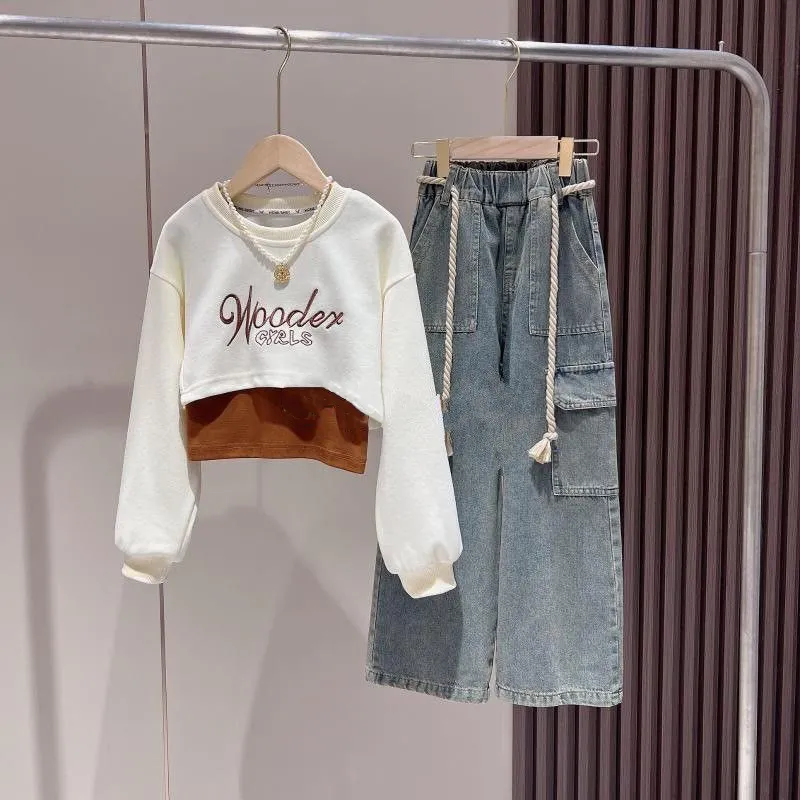 120-170 韓国オシャレ 春 秋 子供服 キッズ ジュニア 女の子 アルファベット 刺繍 重ね着風 トレーナー✛タンクトップ✛ベルト付き デニムパンツ 3点 セットアップ