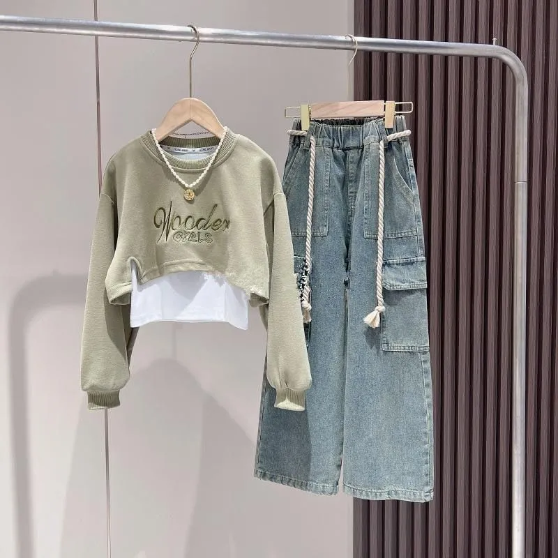 120-170 韓国オシャレ 春 秋 子供服 キッズ ジュニア 女の子 アルファベット 刺繍 重ね着風 トレーナー✛タンクトップ✛ベルト付き デニムパンツ 3点 セットアップ