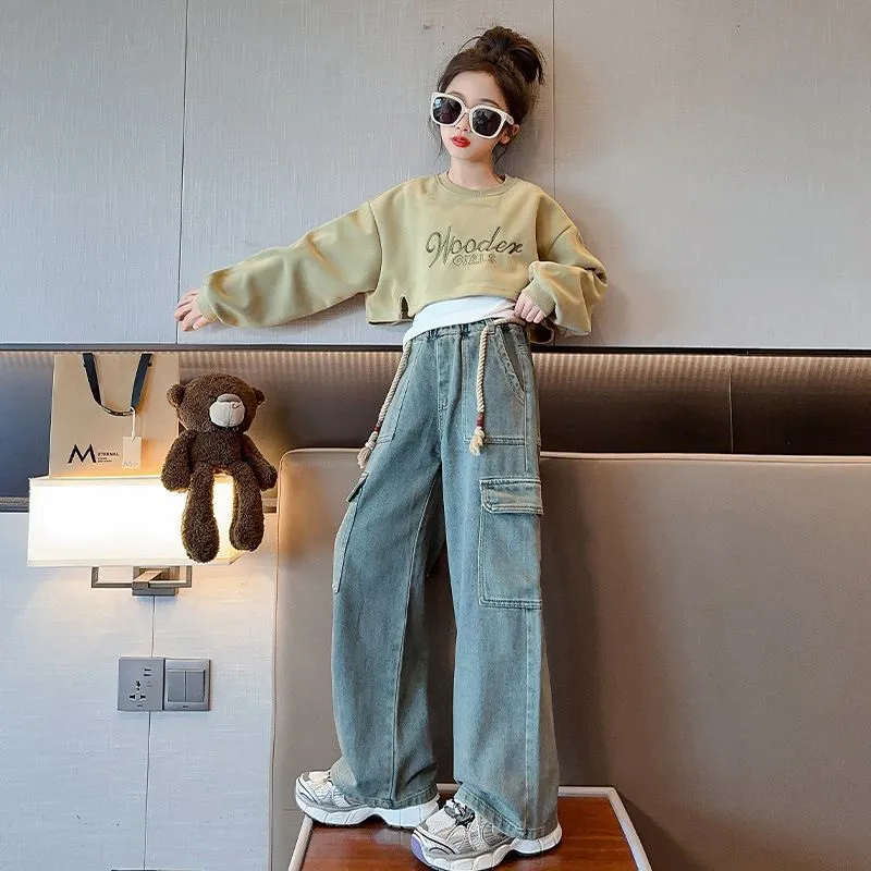 120-170 韓国オシャレ 春 秋 子供服 キッズ ジュニア 女の子 アルファベット 刺繍 重ね着風 トレーナー✛タンクトップ✛ベルト付き デニムパンツ 3点 セットアップ