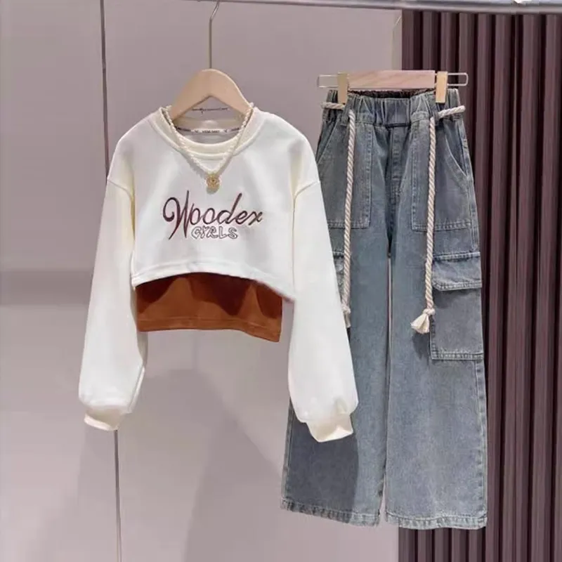 120-170 韓国オシャレ 春 秋 子供服 キッズ ジュニア 女の子 アルファベット 刺繍 重ね着風 トレーナー✛タンクトップ✛ベルト付き デニムパンツ 3点 セットアップ