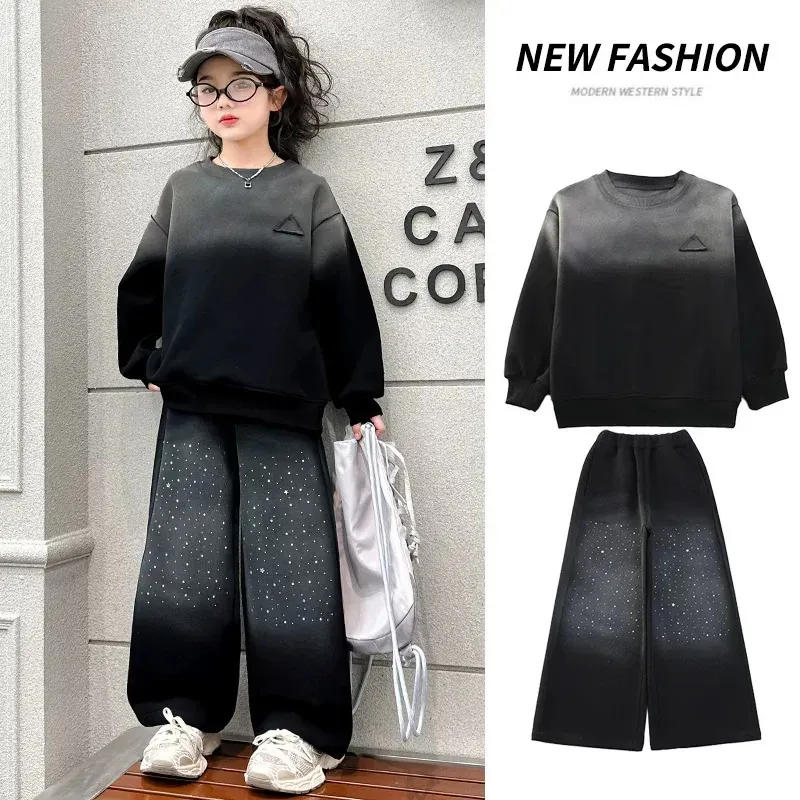 120-170 存在感抜群 スポーツ 裏起毛 秋 冬 子供服 キッズ ジュニア 女の子 グラデーション色 ラインストーン ラメ入り トレーナー✛ワイドパンツ セットアップ