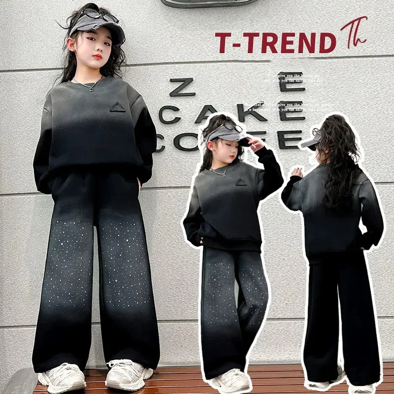 120-170 存在感抜群 スポーツ 裏起毛 秋 冬 子供服 キッズ ジュニア 女の子 グラデーション色 ラインストーン ラメ入り トレーナー✛ワイドパンツ セットアップ