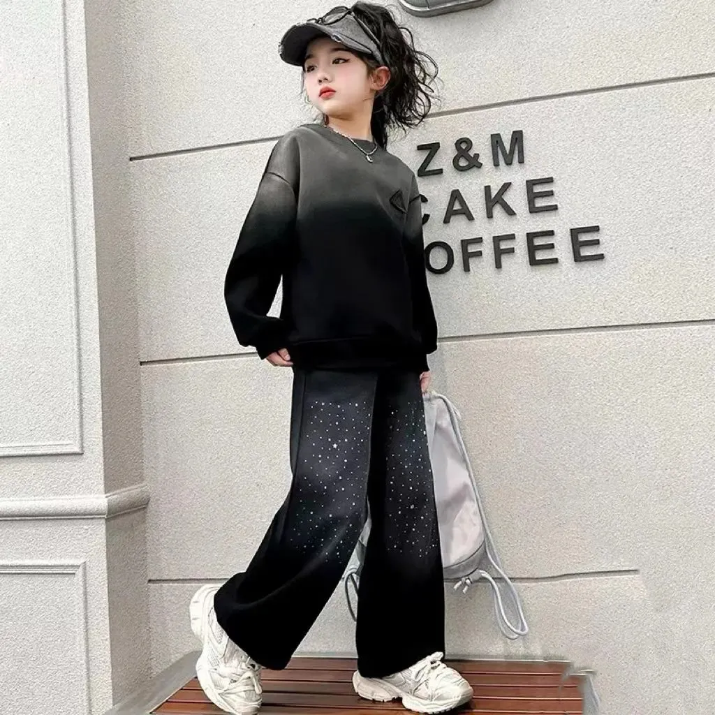 120-170 存在感抜群 スポーツ 裏起毛 秋 冬 子供服 キッズ ジュニア 女の子 グラデーション色 ラインストーン ラメ入り トレーナー✛ワイドパンツ セットアップ
