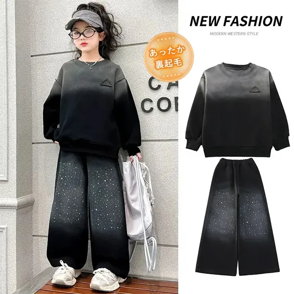 120-170 存在感抜群 スポーツ 裏起毛 秋 冬 子供服 キッズ ジュニア 女の子 グラデーション色 ラインストーン ラメ入り トレーナー✛ワイドパンツ セットアップ