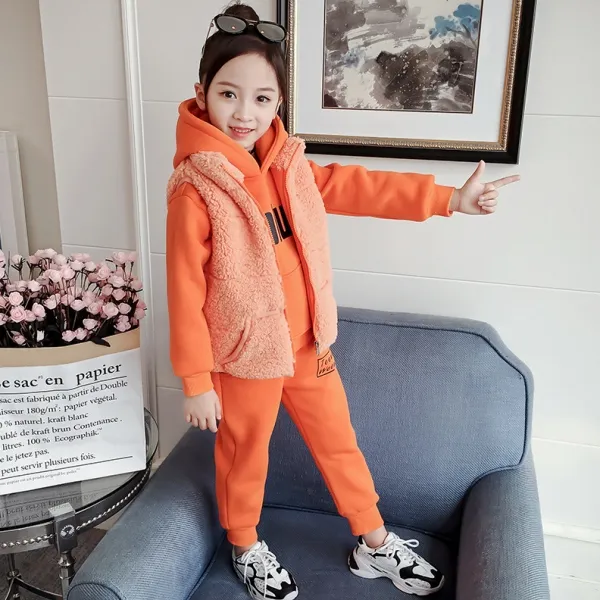 110-160 あったか 韓国 もこもこ 秋 冬 子供服 キッズ ジュニア 女の子 ベスト✛フード付き パーカー✛スウェットパンツ 3点 セットアップ