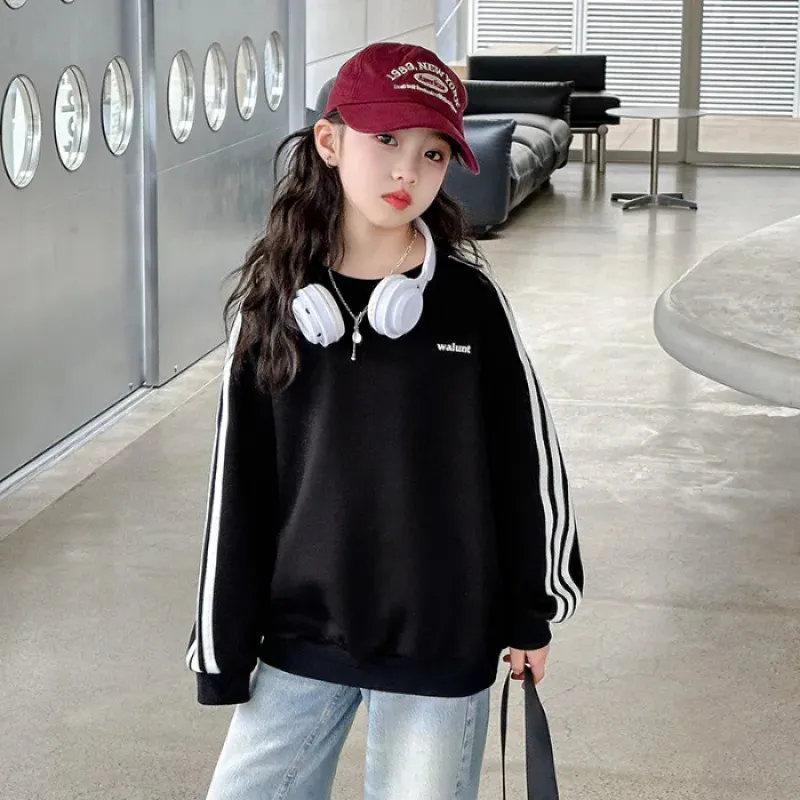 110-170 スポーツ系 春 秋 子供服 キッズ ジュニア 女の子 サイドライン アルファベット トップス トレーナー スウェット