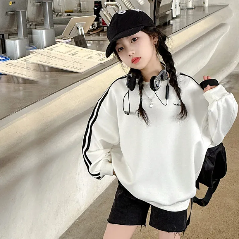 110-170 スポーツ系 春 秋 子供服 キッズ ジュニア 女の子 サイドライン アルファベット トップス トレーナー スウェット