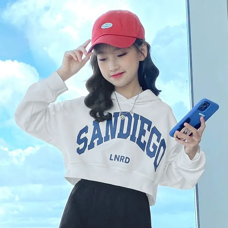 100-170 韓国 3色 春 秋 子供服 キッズ ジュニア 女の子 ショート丈 アルファベット フード付き トップス パーカー