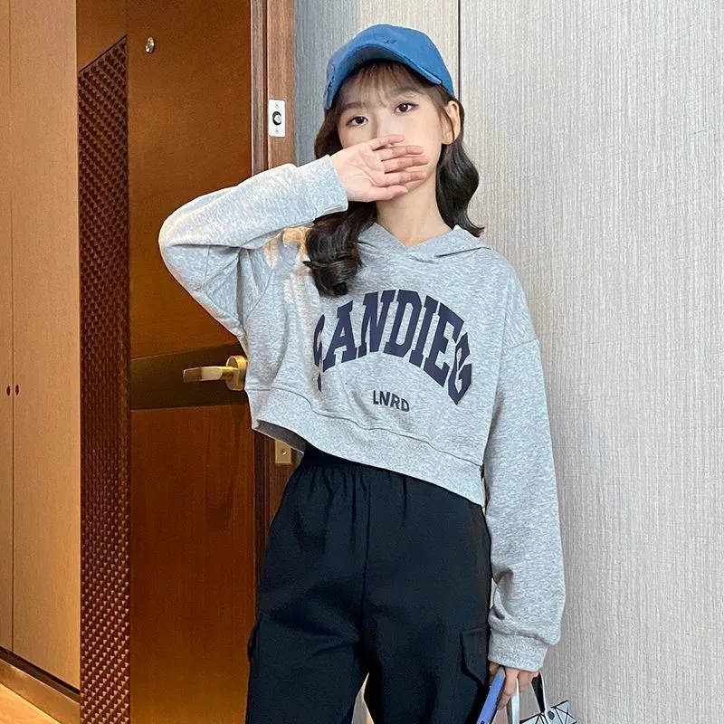 100-170 韓国 3色 春 秋 子供服 キッズ ジュニア 女の子 ショート丈 アルファベット フード付き トップス パーカー