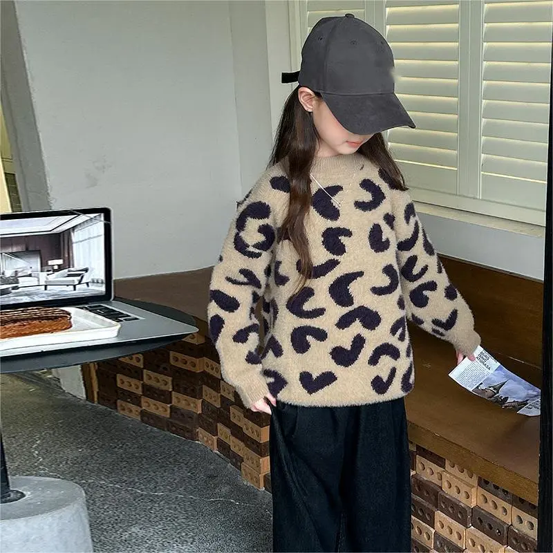 120-170 オシャレ度高め ニット 薄手/裏起毛 春秋冬 子供服 キッズ ジュニア 女の子 ヒョウ柄 トップス セーター