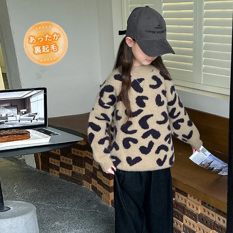 120-170 オシャレ度高め ニット 薄手/裏起毛 春秋冬 子供服 キッズ ジュニア 女の子 ヒョウ柄 トップス セーター