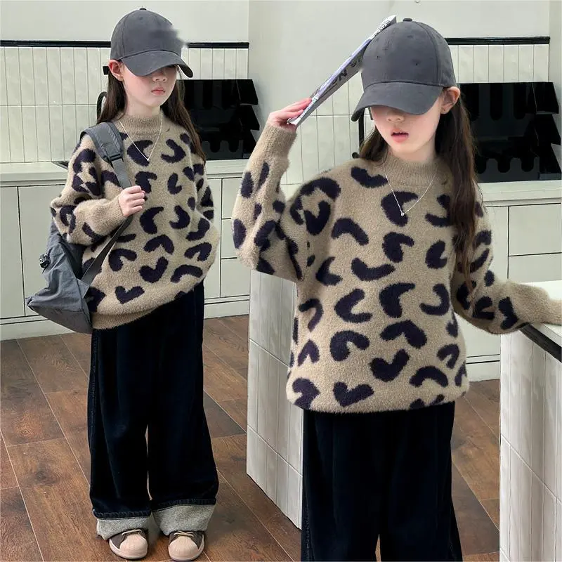 120-170 オシャレ度高め ニット 薄手/裏起毛 春秋冬 子供服 キッズ ジュニア 女の子 ヒョウ柄 トップス セーター