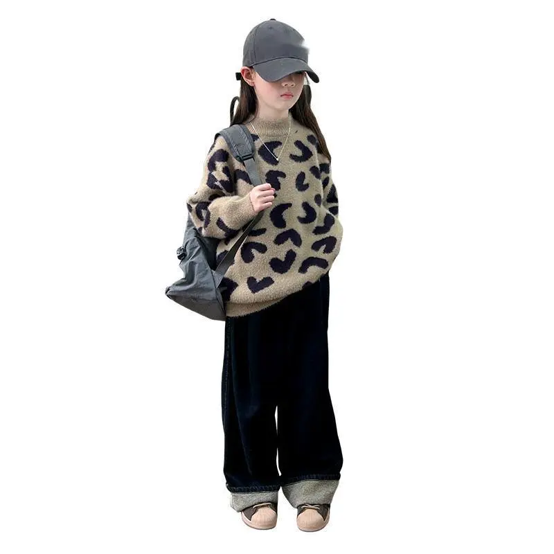 120-170 オシャレ度高め ニット 薄手/裏起毛 春秋冬 子供服 キッズ ジュニア 女の子 ヒョウ柄 トップス セーター