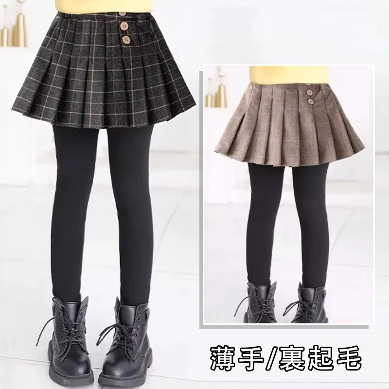 110-170 レイヤード 韓国 薄手/裏起毛 秋 冬 子供服 キッズ ジュニア 女の子 チェック柄 スカッツ ボトムス レギンス付き スカート パンツ