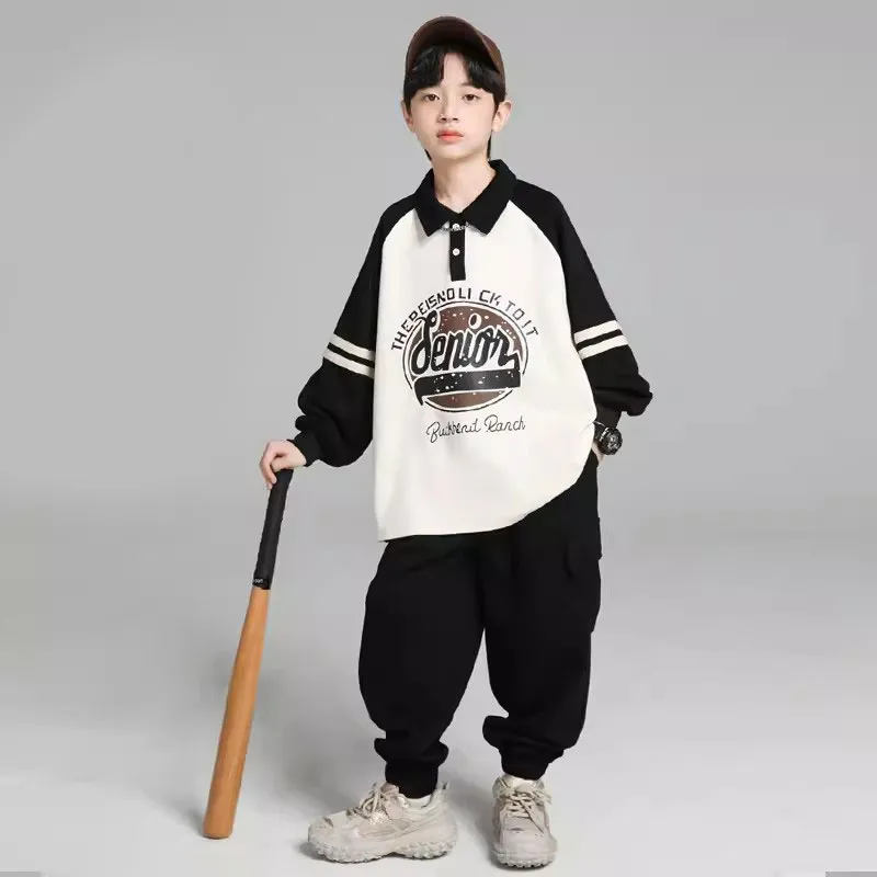 120-170 人気爆発 春秋 男の子 子供服 キッズ ジュニア プリント 折り襟 アルファベット 配色 トップス+パンツ ボトムス セットアップ
