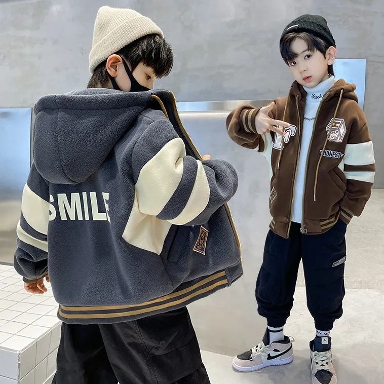 120-170 高見えデザイン 秋冬 男の子 子供服 キッズ ジュニア フード付き 配色 切り替え 刺繍 裏起毛 厚手 トップス アウター