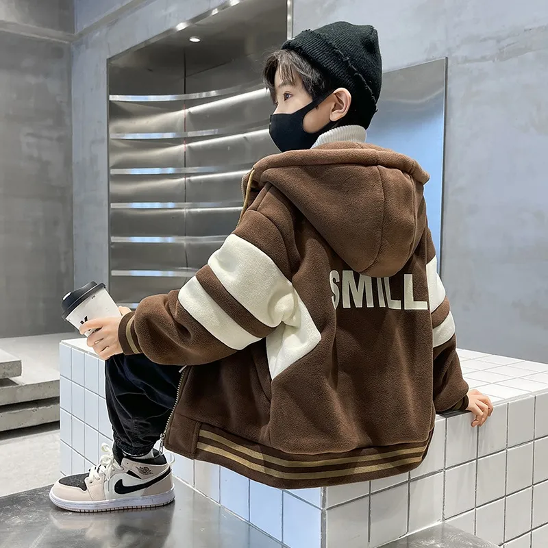 120-170 高見えデザイン 秋冬 男の子 子供服 キッズ ジュニア フード付き 配色 切り替え 刺繍 裏起毛 厚手 トップス アウター