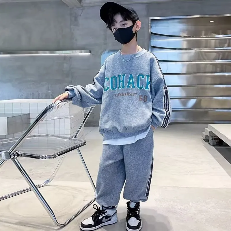 120-170 今季大注目 春秋 男の子 子供服 キッズ ジュニア プリント ストライプ柄 トップス+パンツ ボトムス セットアップ