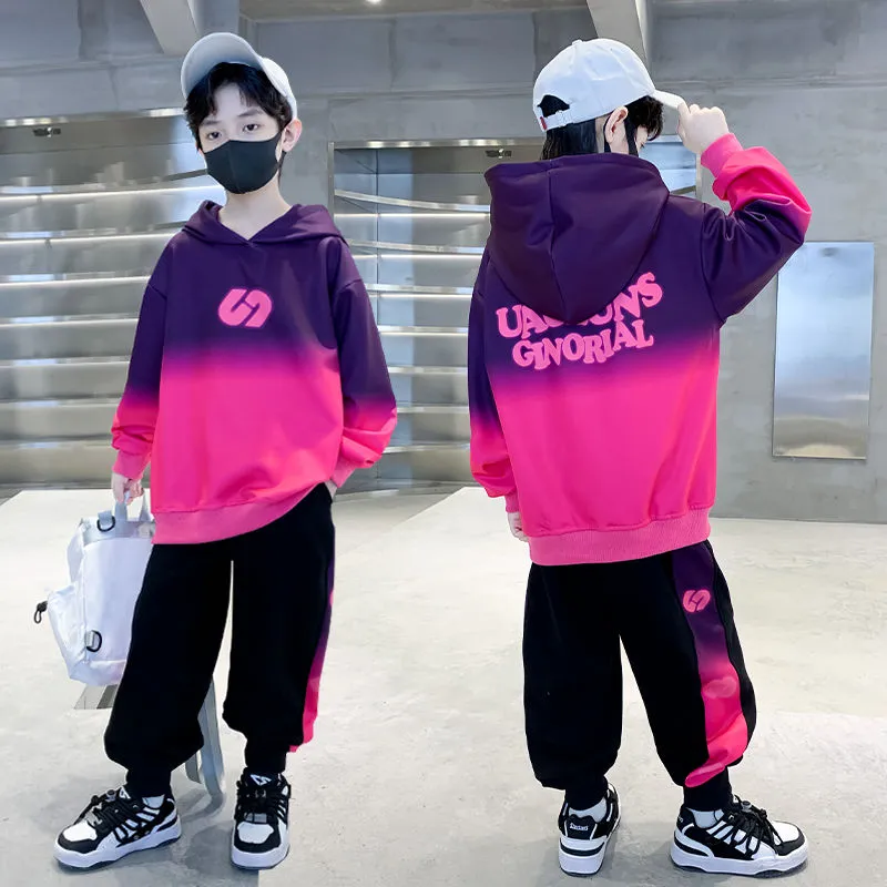 120-170 ファッション感満々 春秋 男の子 子供服 キッズ ジュニア グラデーション色 アルファベット フード付き トップス+パンツ ボトムス セットアップ