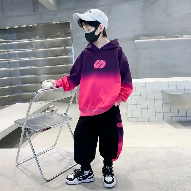 120-170 ファッション感満々 春秋 男の子 子供服 キッズ ジュニア グラデーション色 アルファベット フード付き トップス+パンツ ボトムス セットアップ