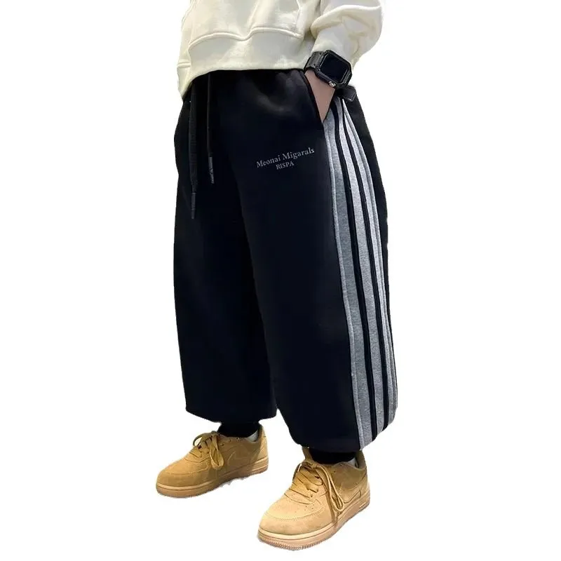 120-170 着回し力抜群 秋冬 男の子 子供服 キッズ ジュニア ストライプ柄 ロング丈 裏起毛 厚手 ボトムス パンツ