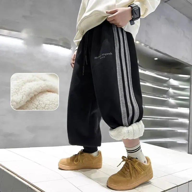 120-170 着回し力抜群 秋冬 男の子 子供服 キッズ ジュニア ストライプ柄 ロング丈 裏起毛 厚手 ボトムス パンツ