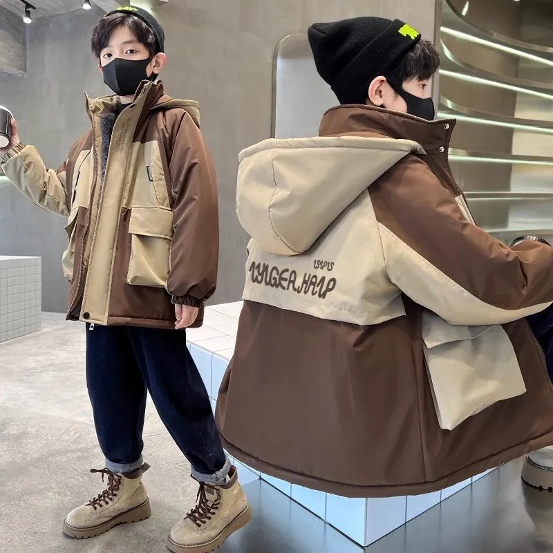 130-170 おしゃれ度高め 秋冬 男の子 子供服 キッズ ジュニア かっこいい 配色 プリント 裏起毛 厚手 アルファベット フード付き ジッパー トップス アウター